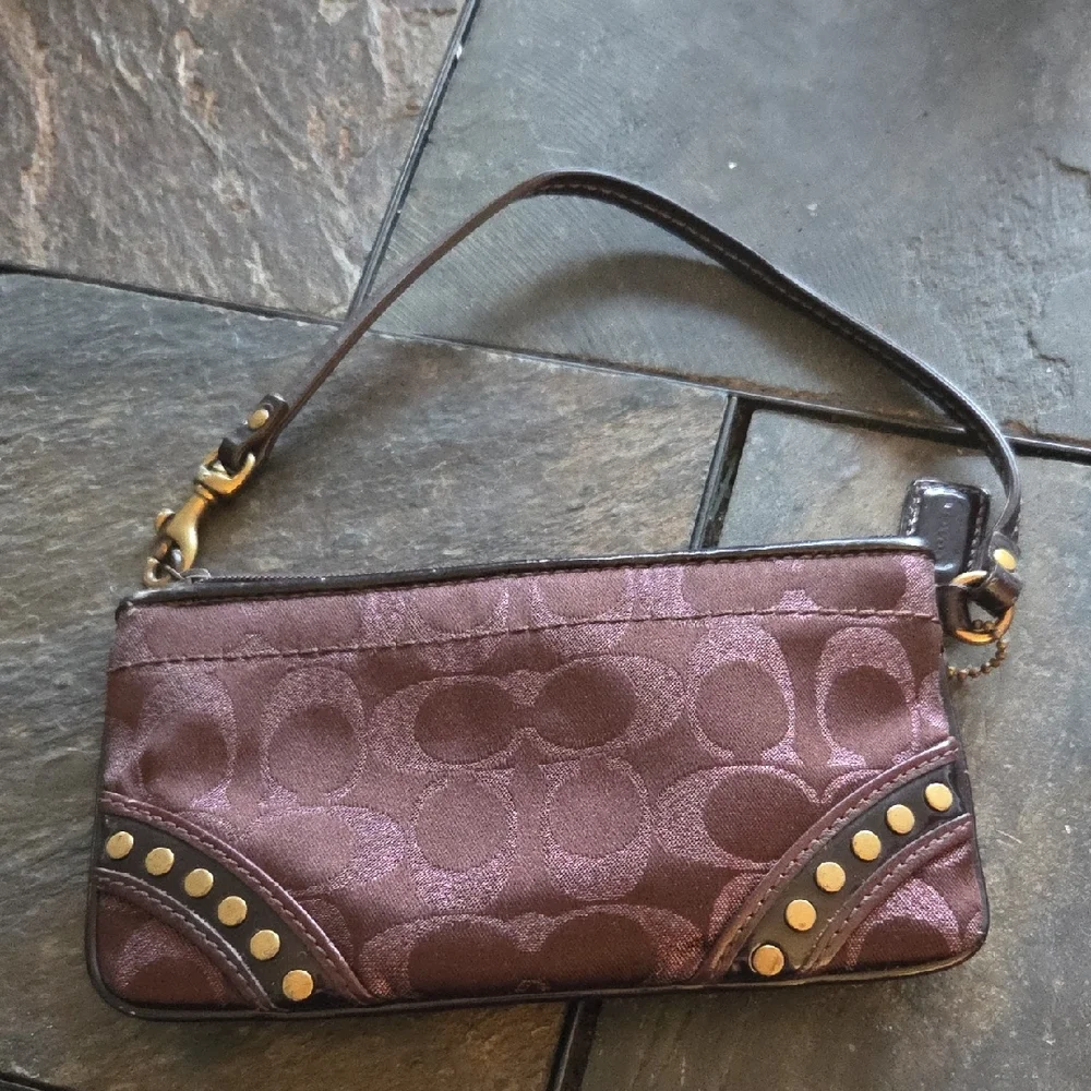 Coach Brown Signature Wristlet with Gold-Tone Studs